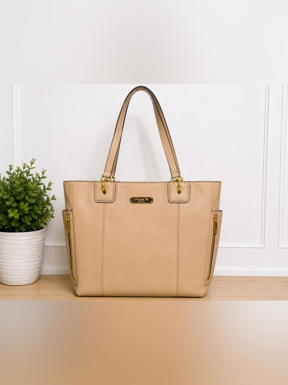 Coach Beige Leather Tote, Pink Satin Lining, Silver Hardware, Large
